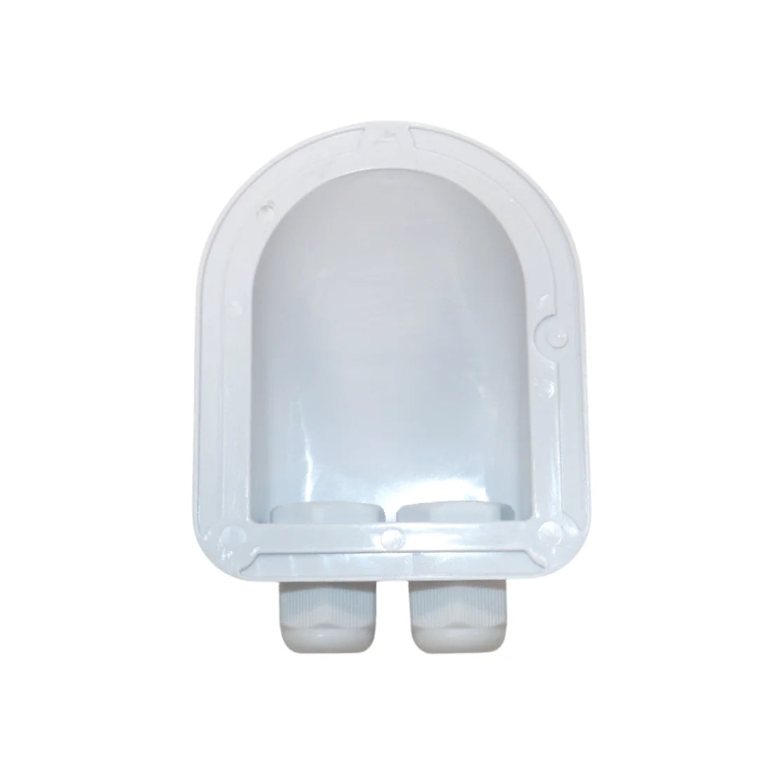 Underside view of white cable entry housing showing hollow interior and wide surface area for adhesive application