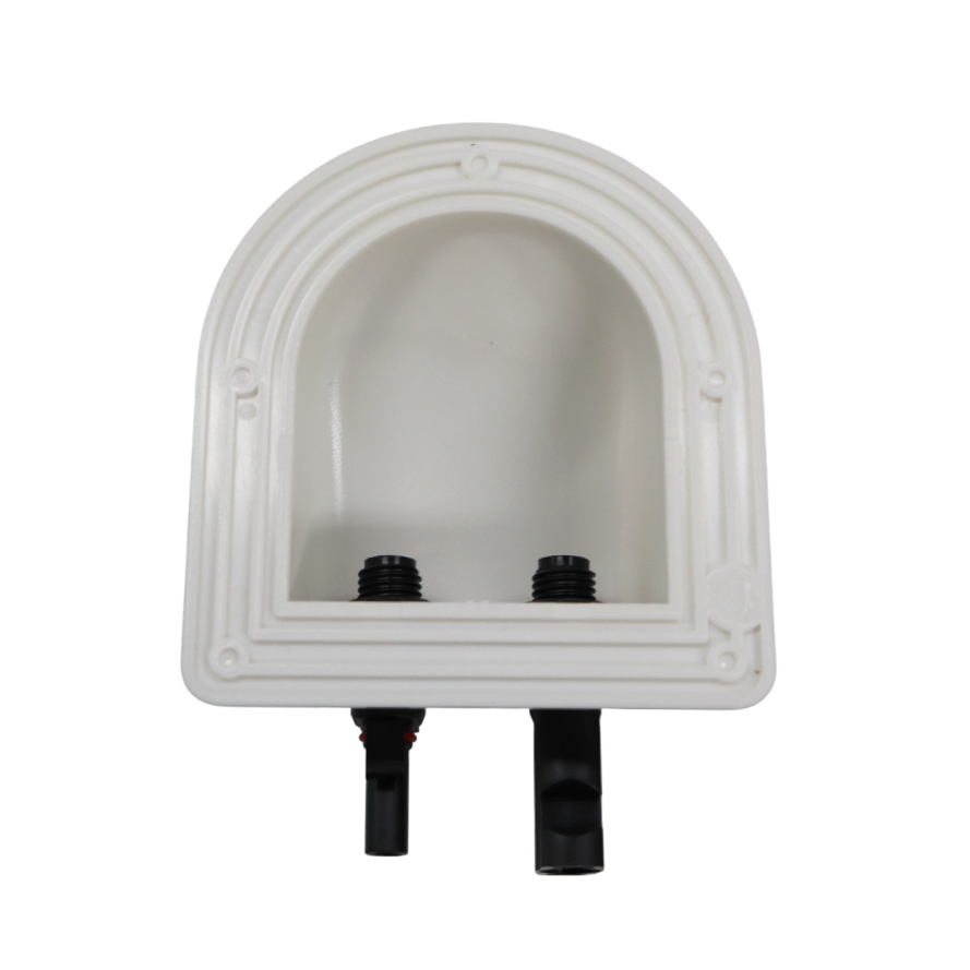 Underside of the cable entry gland showing mounting flange, screw holes and hollow cavity