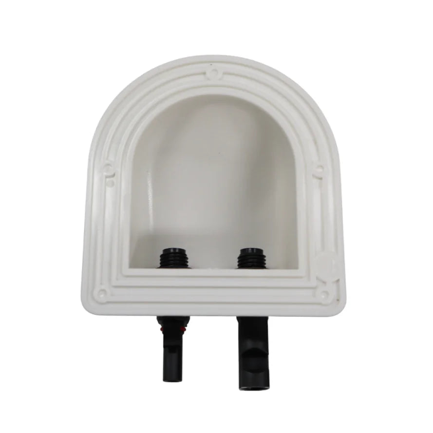 Underside of the cable entry gland showing mounting flange, screw holes and hollow cavity