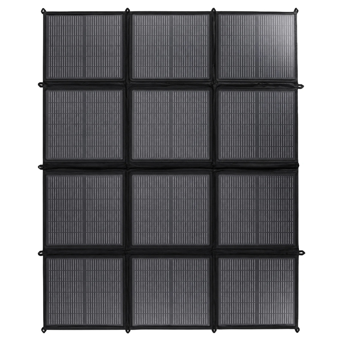Flat top-down view of unfolded 300W solar blanket with 12 solar panels
