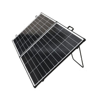 Perspective view of the 200W solar panel unfolded and supported by a kickstand
