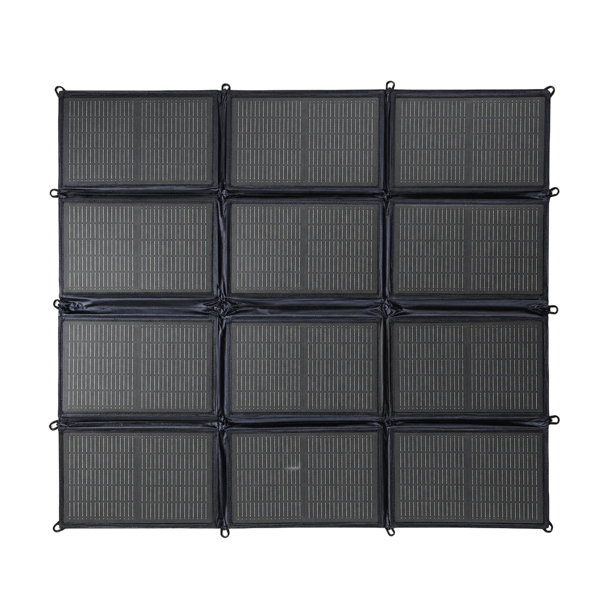 Fully unfolded 200W solar blanket showing twelve high-efficiency shingled solar panels