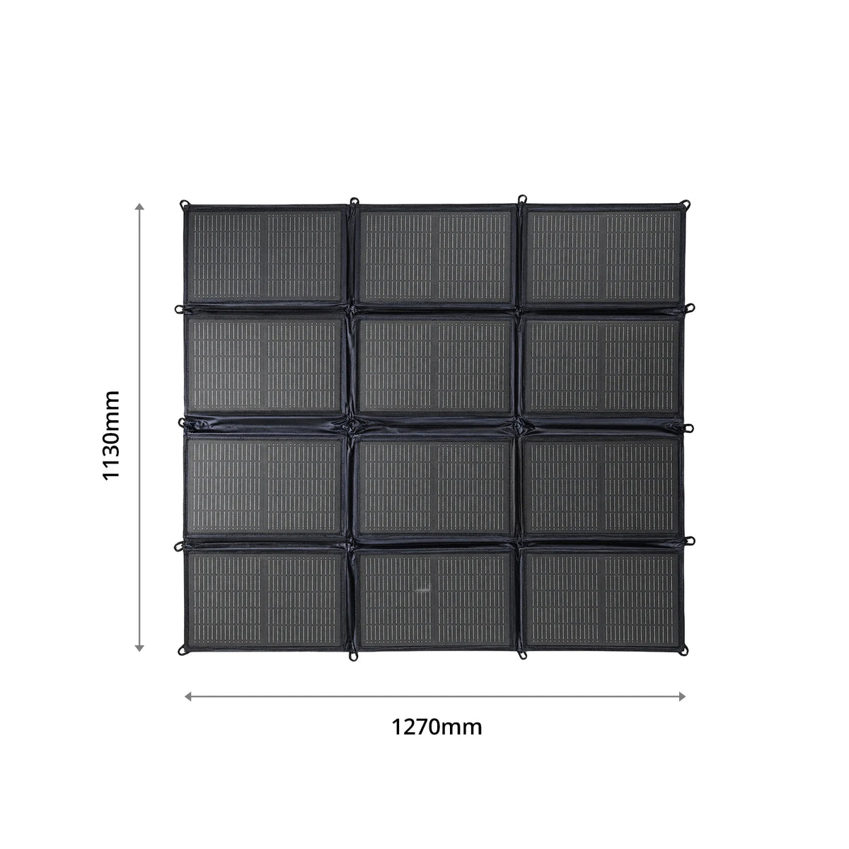 Unfolded 200W solar blanket showing dimensions of 1270mm width and 1130mm height