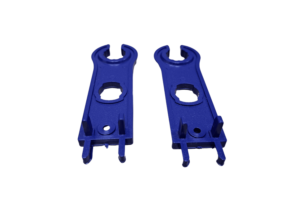 Two blue solar assembly tools standing upright showing the durable plastic profile