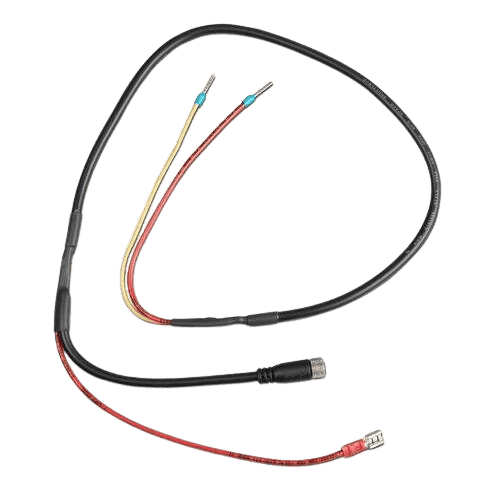 Alternator control cable with pre-terminated wire ferrules, a barrel connector, and a red ring terminal