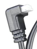 Close-up of the white right-angle connector on a black cable