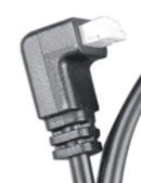 Close-up of the white right-angle connector on a black cable
