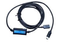 Coiled 1.8m black interface cable with an inline converter connecting a VE.Direct plug to a USB-C connector