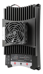 Angled view of black 100A buck-boost DC-DC converter with central cooling fan and status LEDs