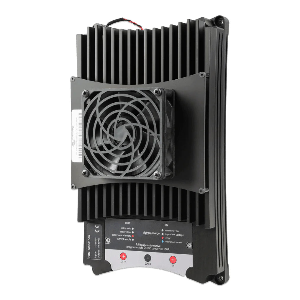 Angled view of black 100A buck-boost DC-DC converter with central cooling fan and status LEDs