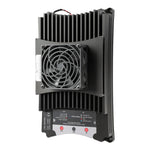 Angled view of black 100A buck-boost DC-DC converter with central cooling fan and status LEDs
