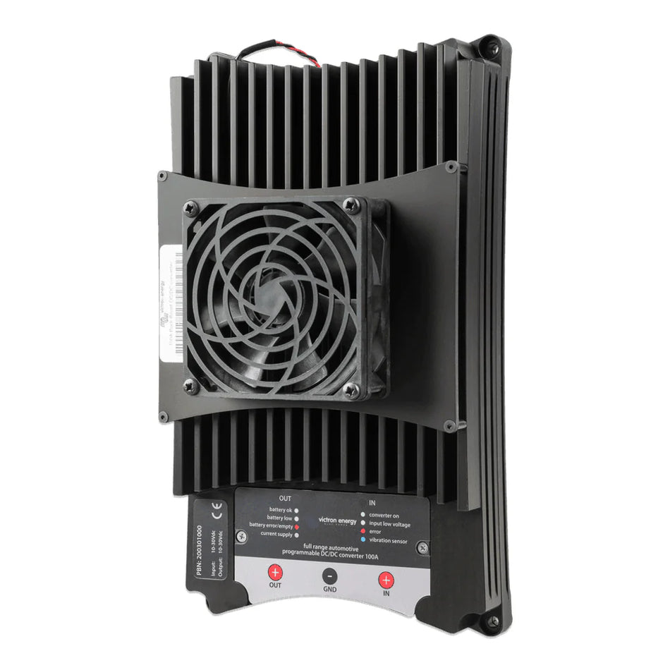 Angled view of black 100A buck-boost DC-DC converter with central cooling fan and status LEDs