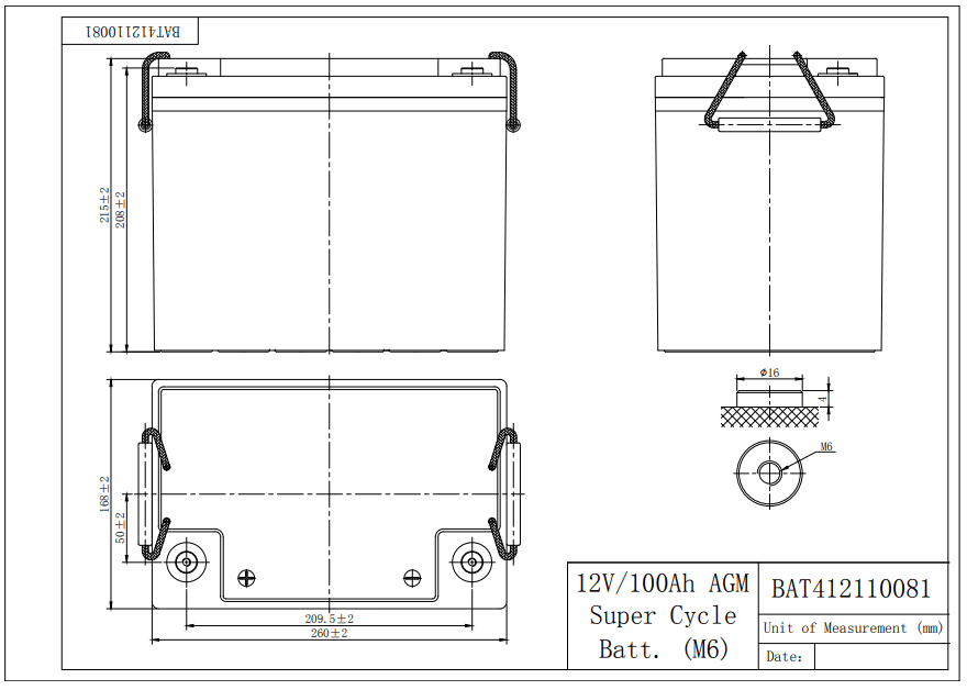 Technical drawing of the Victron 100Ah battery specifying 260mm length, 168mm width, and 215mm height