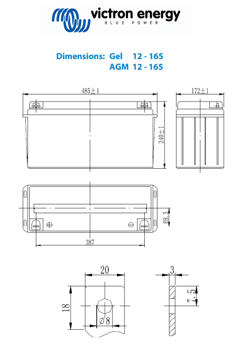 Dimensional engineering drawing for Victron 12-165 battery model