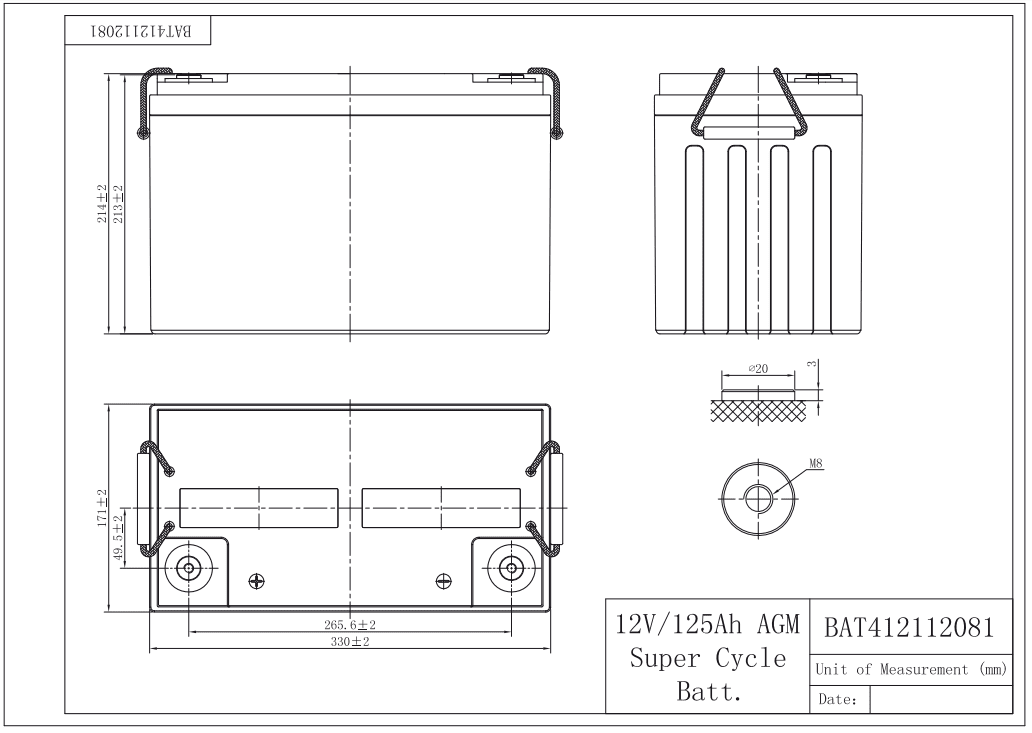 Technical dimensional drawing of Victron 12V 125Ah AGM battery in millimetres