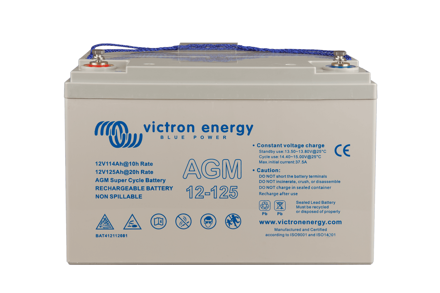 Front view of Victron 125Ah AGM battery showing M8 terminal studs