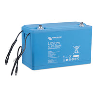 Side perspective of Victron 12.8V 100Ah Smart lithium battery in blue enclosure