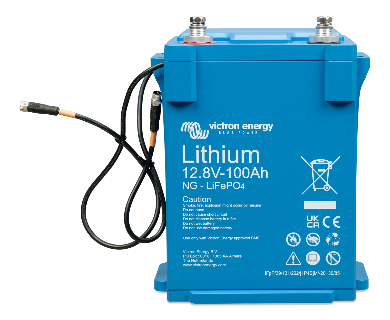 Front view of Victron 12V 100Ah Smart NG lithium battery with BMS cables and M8 terminals