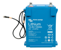 Front view of Victron 12V 100Ah Smart NG lithium battery with BMS cables and M8 terminals