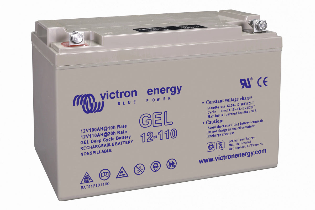 Right angled view of Victron 12V 110Ah VRLA gel battery