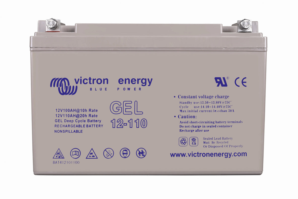 Front view of Victron 12V 110Ah gel battery showing technical specifications and charging parameters
