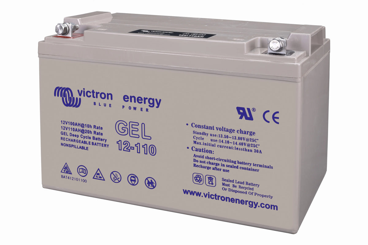 Angled view of a Victron 12V 110Ah gel deep cycle battery showing top terminals and front label