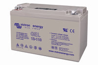 Angled view of a Victron 12V 110Ah gel deep cycle battery showing top terminals and front label