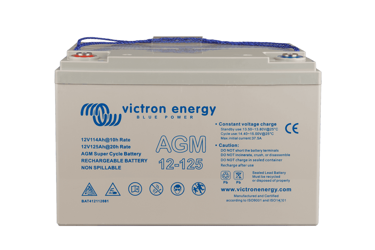 Front view of Victron 12V 125Ah AGM Super Cycle deep cycle battery