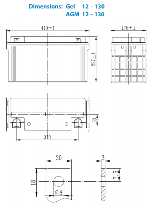Technical dimensional drawing of Victron 12V 130Ah AGM battery in millimetres