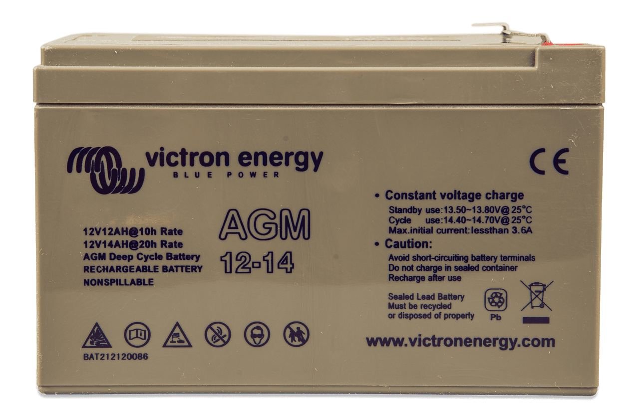 Front view of Victron 12V 14Ah AGM deep cycle battery showing specifications