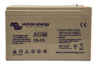 Front view of Victron 12V 14Ah AGM deep cycle battery showing specifications