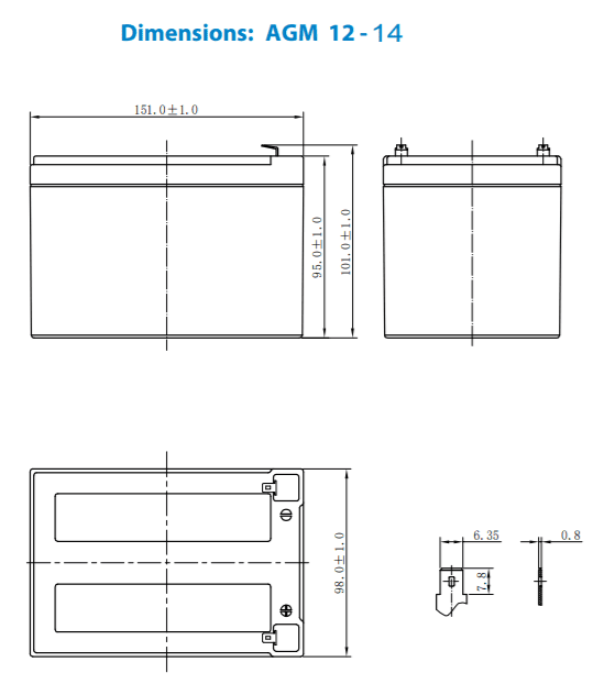 Dimensional drawing for Victron 12V 14Ah AGM battery showing case measurements in mm