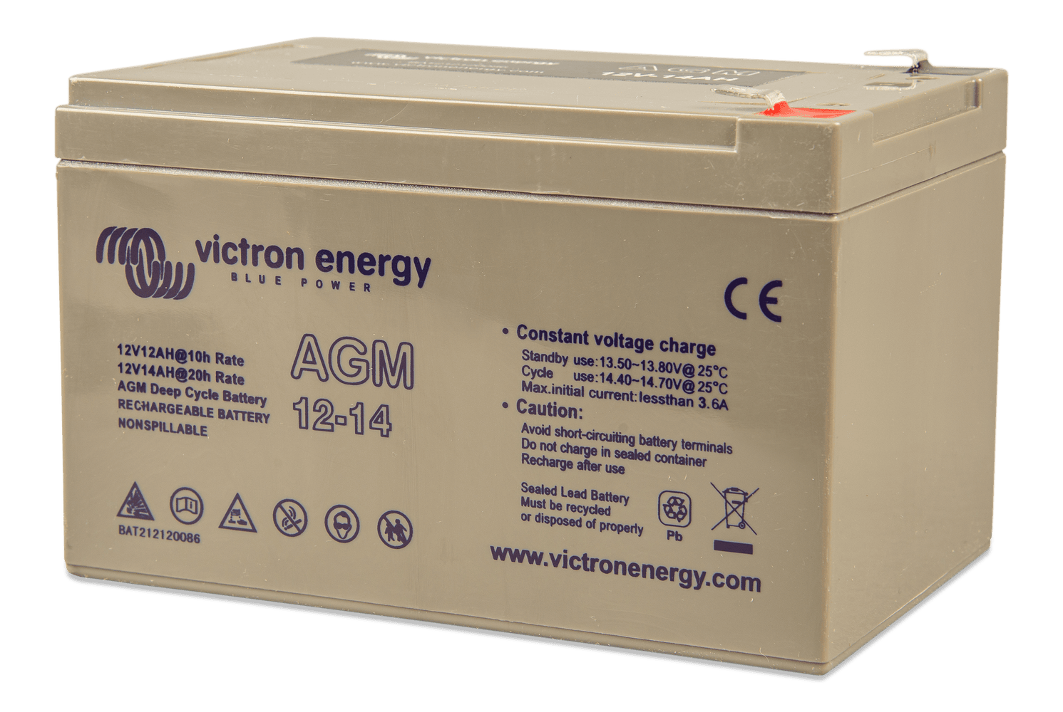 Side perspective of Victron 12V 14Ah AGM battery showing top spade terminals