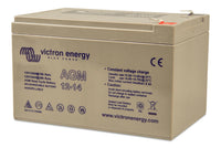 Side perspective of Victron 12V 14Ah AGM battery showing top spade terminals
