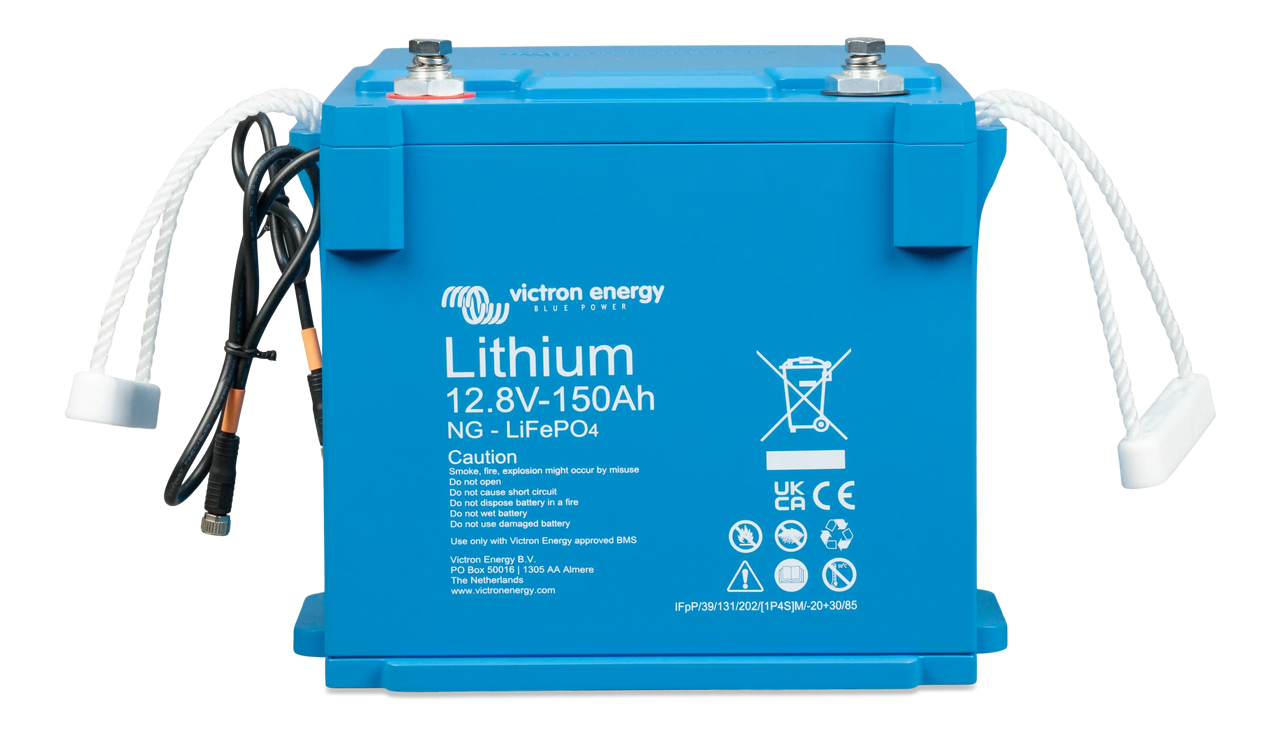 Victron 12.8V 150Ah Smart NG LiFePO4 battery front view showing BMS cables and rope handles