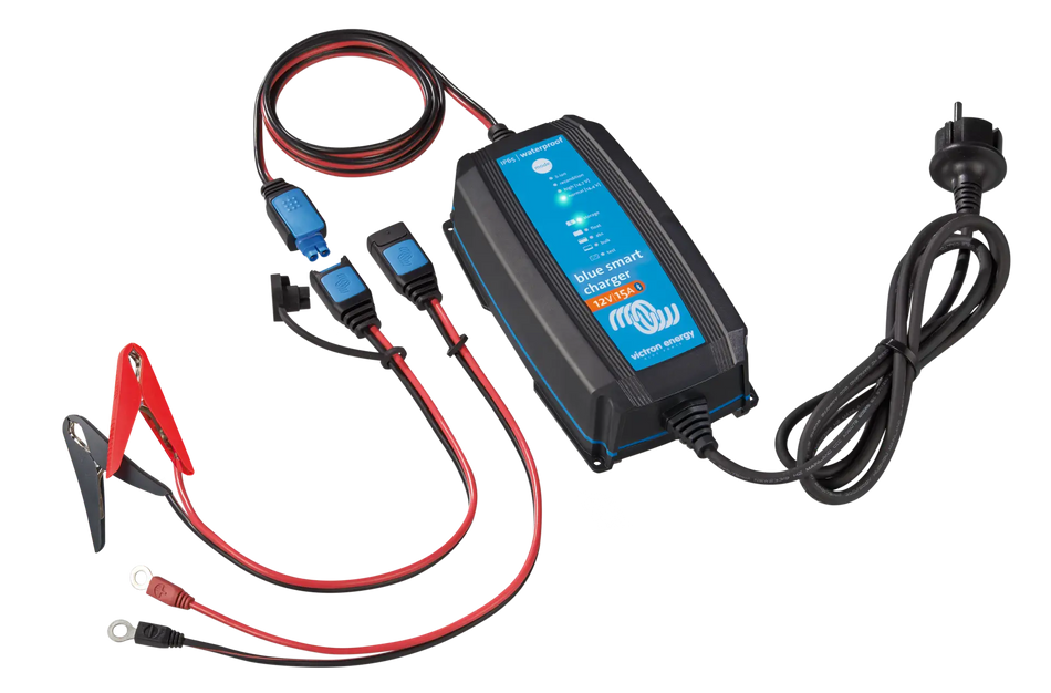 Victron 12V 15A Blue Smart IP65 battery charger with AU NZ plug, alligator clips and ring terminal leads