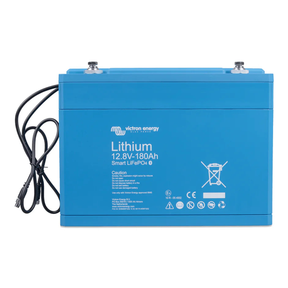 Front view of Victron 12.8V 180Ah Smart LiFePO4 battery with integrated BMS cables