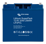Front view of Victron Lithium SuperPack 12.8V 20Ah 256Wh LiFePO4 battery in blue casing