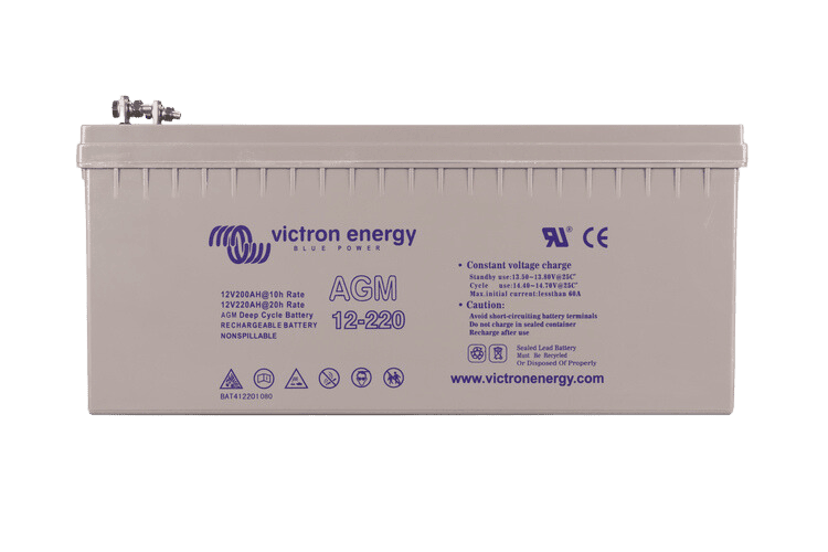 Front view of 12V 220Ah AGM deep cycle battery showing specifications and certifications