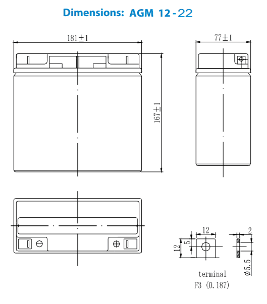 Technical drawing showing physical dimensions and terminal detail of the 12V 22Ah battery