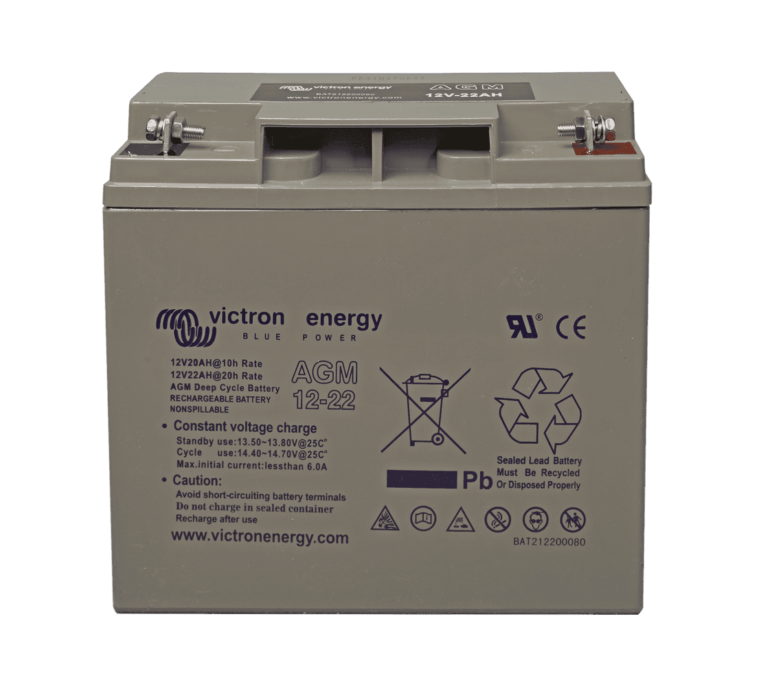 Victron 12V 22Ah AGM deep cycle battery with screw terminals and detailed specification label