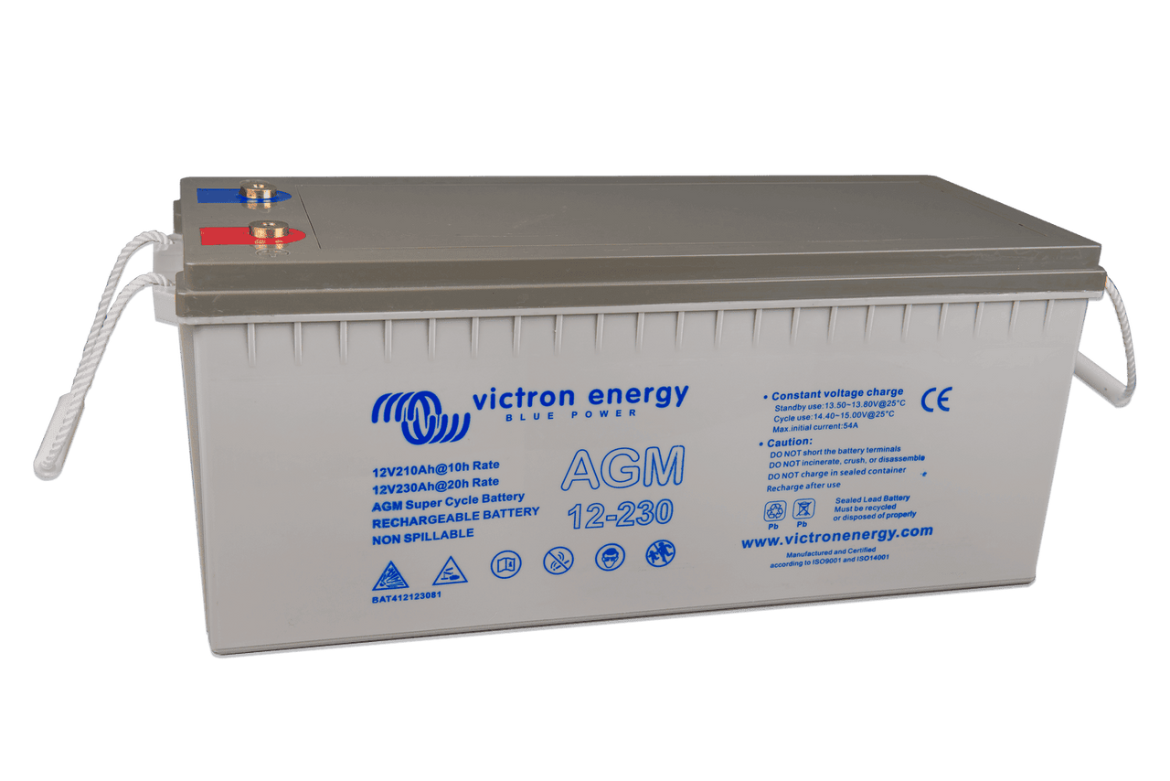 Perspective view of a grey Victron 12V 230Ah AGM Super Cycle battery with rope handles and M8 terminals