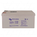 Victron 12V 240Ah AGM deep cycle battery showing copper terminals and technical specifications on grey casing