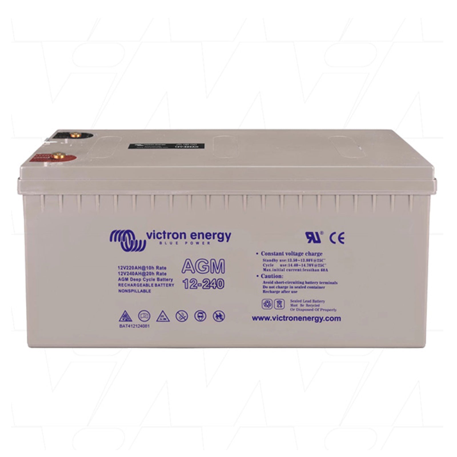 Victron 12V 240Ah AGM deep cycle battery showing copper terminals and technical specifications on grey casing