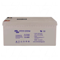 Victron 12V 240Ah AGM deep cycle battery showing copper terminals and technical specifications on grey casing