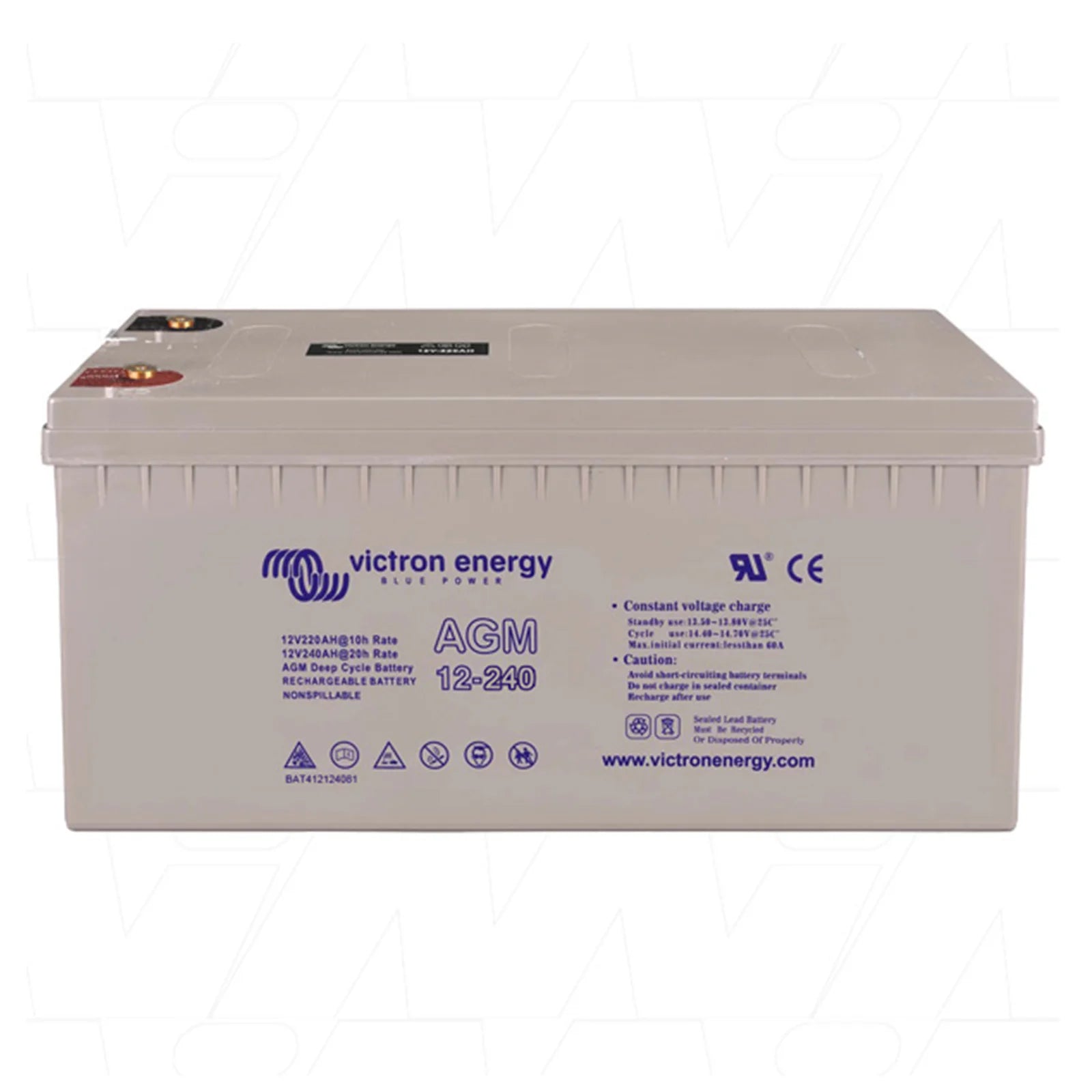 Victron 12V 240Ah AGM deep cycle battery showing copper terminals and technical specifications on grey casing