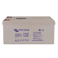 Victron 12V 240Ah AGM deep cycle battery showing copper terminals and technical specifications on grey casing