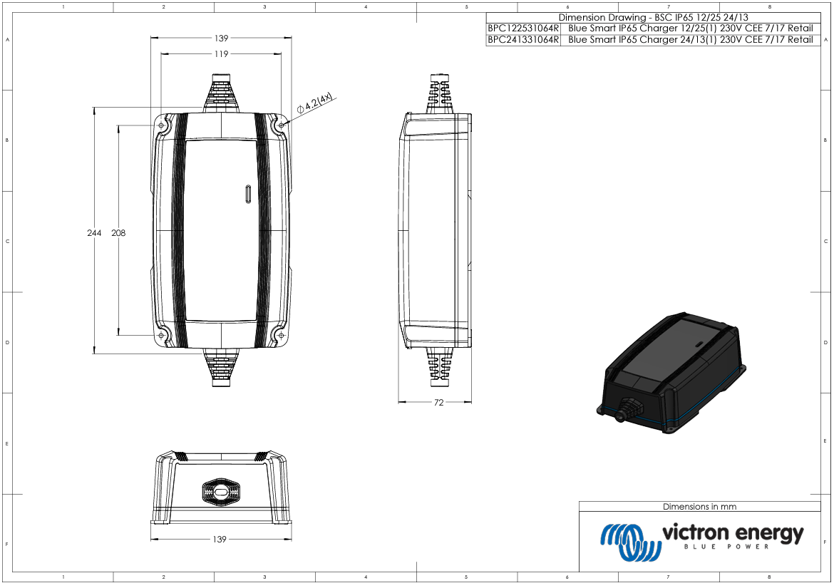 Technical drawing of the 12V 25A battery charger enclosure with dimensions in millimetres