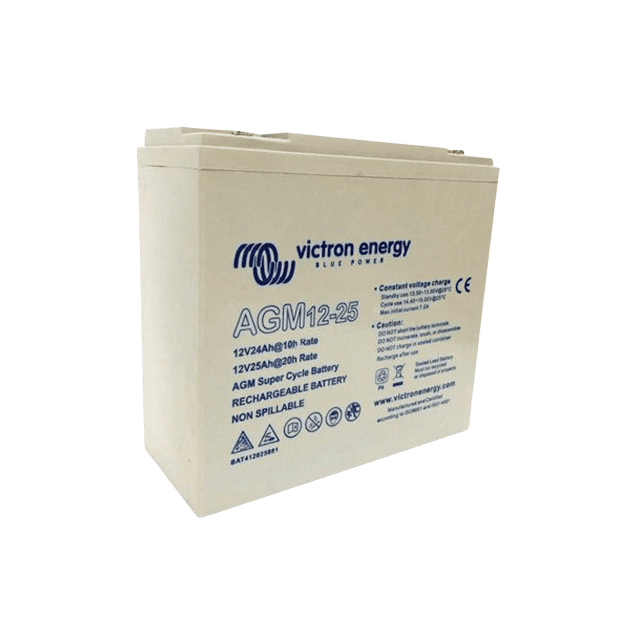 Three-quarter view of a white Victron 12V 25Ah AGM Super Cycle deep cycle battery
