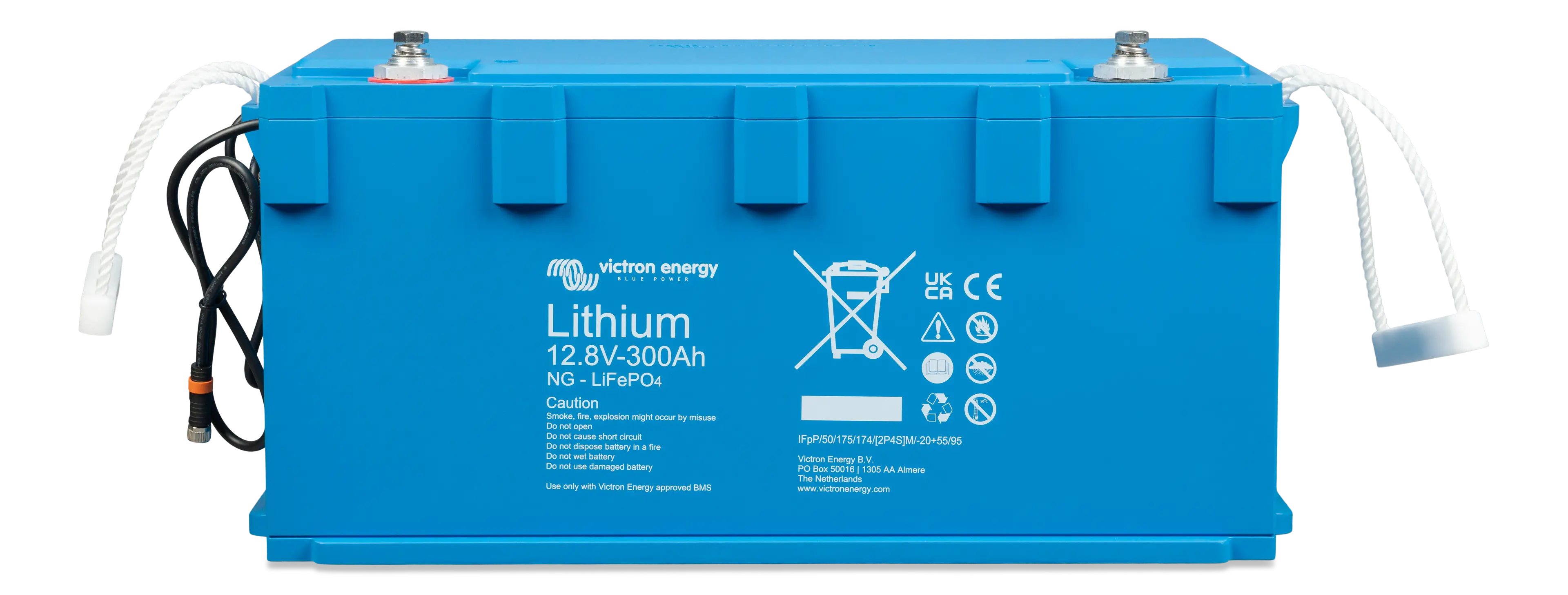Front view of blue Victron 12V 300Ah Smart NG lithium battery with carry handles and BMS cables